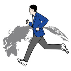 世界地図のバックにジャケットを着た走る若いアジア人男性の全身の線画のイラスト