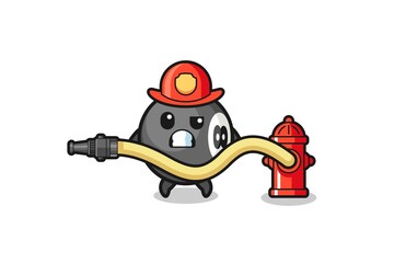 billiard cartoon as firefighter mascot with water hose