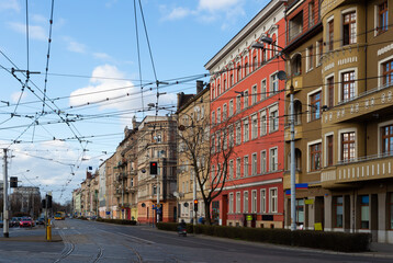 View of central streets and architecture of Polish city of Wroclaw in spring day.