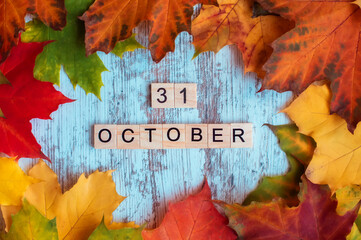 Naklejka na ściany i meble Flatlay, autumn colored maple foliage, 