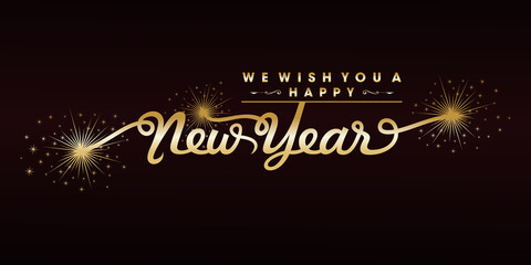 We wish you a Happy New Year 2022 typography fireworks handwritten sparkling dark red gold background