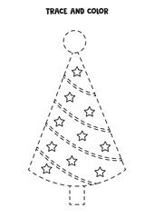 Trace and color cute Christmas tree. Worksheet for kids.