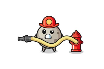 moon cartoon as firefighter mascot with water hose