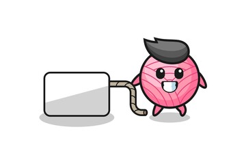 yarn ball cartoon is pulling a banner