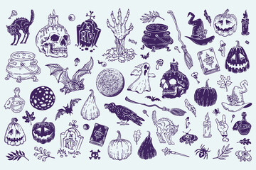 Halloween doodles set. Decoration for Halloween and occult