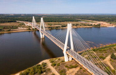 Top view of the cable-stayed Murom bridge over the Oka river. Russia
