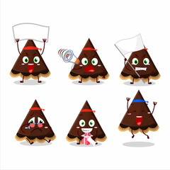 Mascot design style of slice of chocolate tart character as an attractive supporter