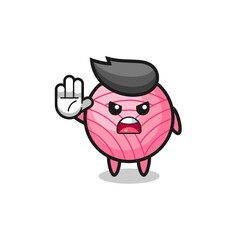 yarn ball character doing stop gesture