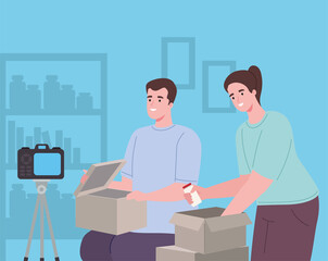 couple creator of content, opening box