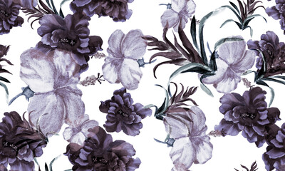 Blue Hibiscus Leaf. Gray Flower Plant. Indigo Seamless Texture. Azure Watercolor Textile. Pattern Print. Tropical Leaf. Exotic Print. Art Painting.