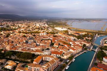 View from drone of old houses of Frontignan town in southern France
