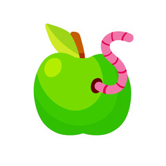 Green apple. Fruit with a worm. Flat cartoon illustration. Spoiled rotten food