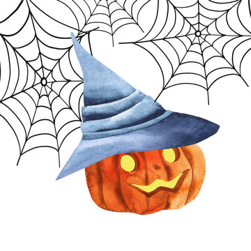 Funny Halloween pumpkin with magic hat on spider web background. Hand drawn style watercolor.
