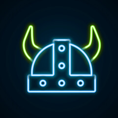 Glowing neon line Viking in horned helmet icon isolated on black background. Colorful outline concept. Vector