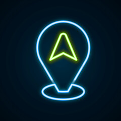 Glowing neon line Map pointer with taxi car icon isolated on black background. Location symbol. Colorful outline concept. Vector