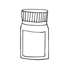 jar with medicine hand drawn doodle. vector, scandinavian, nordic, minimalism, monochrome. icon, sticker, health, tablets, capsules, vitamins.