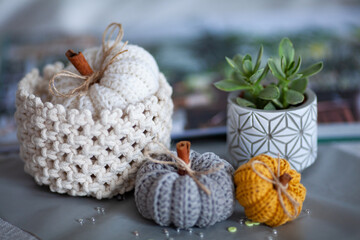 Handemade cozy fabric pumpkins for autumn decoration. knitted pumpkins for the holiday halloween, home decor