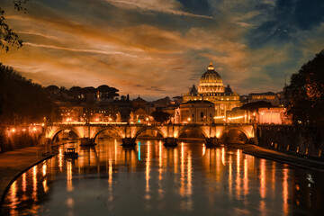 Fototapeta na wymiar night view of Saint Angelo Bridge over the Tiber River with the St. Peter's Basilica in the background in Vatican Rome, Italy. Travel and vacation in Italy. landmarks of rome