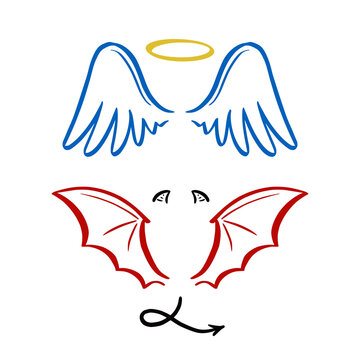 Angel and devil stylized vector illustration. Angel with wing, halo. Devil with wing and tail. Hand drawn line sketch style.