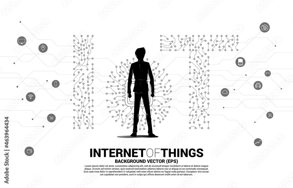 Poster Silhouette of businessman standing with CPU processor on center of IoT wording from Circuit dot and line graphic style. Concept for internet of Things Technology.
