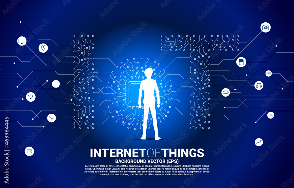 Poster Silhouette of businessman standing with CPU processor on center of IoT wording from Circuit dot and line graphic style. Concept for internet of Things Technology.