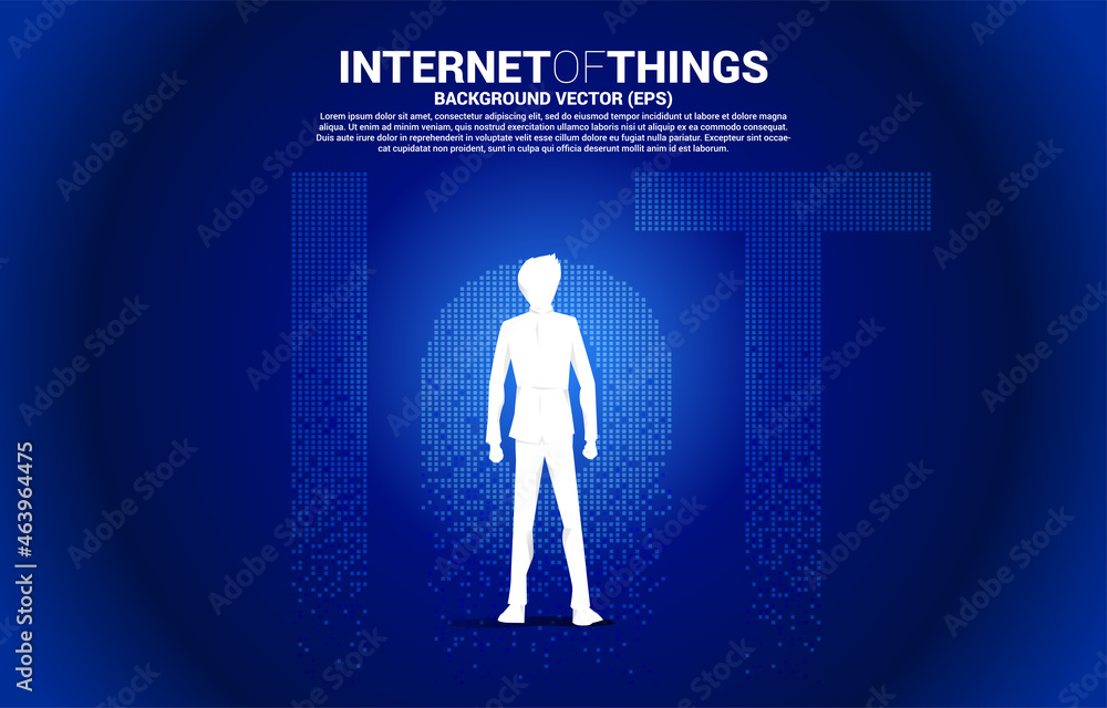 Poster silhouette of businessman standing with wording from small square pixel. digital concept for interne