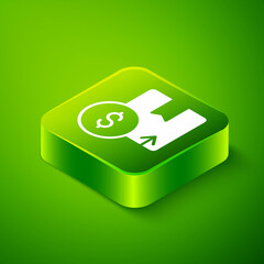 Isometric Carton cardboard box icon isolated on green background. Box, package, parcel sign. Delivery and packaging. Green square button. Vector