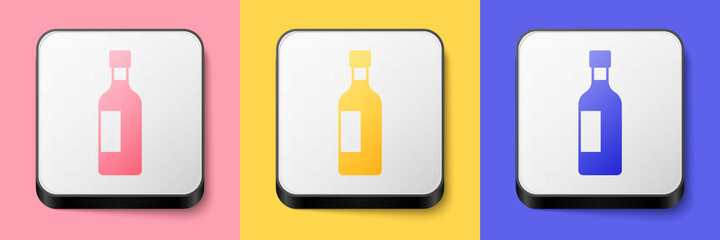 Isometric Bottle of wine icon isolated on pink, yellow and blue background. Square button. Vector