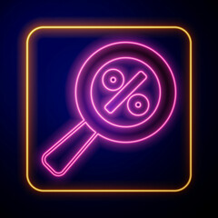 Glowing neon Magnifying glass with percent discount icon isolated on black background. Discount offers searching. Search for discount sale sign. Vector