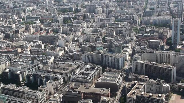 View from Eiffel Tower, Paris cityscape, aerial view over rooftops...