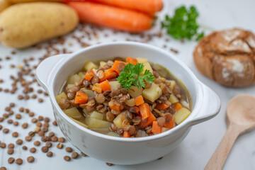 home made bowl of lentil soup on a table