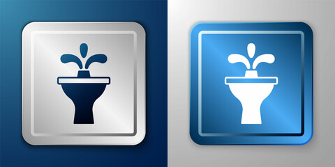 White Fountain icon isolated on blue and grey background. Silver and blue square button. Vector