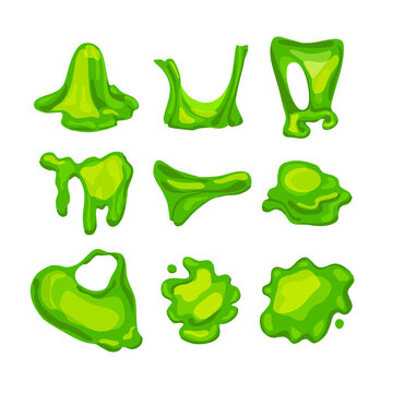 Green slime set.Crumpled, stretched, splattered slimes. Child toy. Vector cartoon illustration of liquid