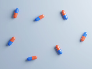 Top view of red and blue capsules on blue background. 3d render. Coronavirus treatment, supplements, medications.