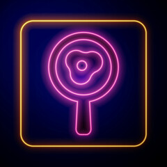 Glowing neon Fried eggs on frying pan icon isolated on black background. Fry or roast food symbol. Vector