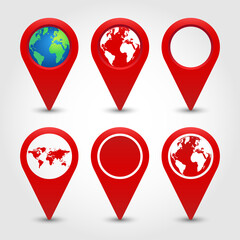 Vector Illustration. Set of red symbols geolocation with a globe. location map pointer. 
