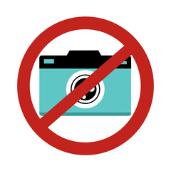 Red prohibition stop sign with camera in flat design on white background. No photography or no camera symbol.