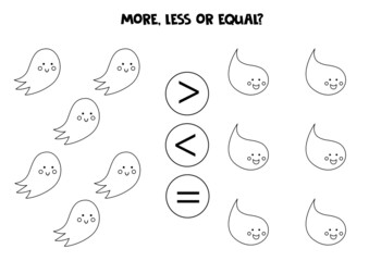 More, less, equal with cute cartoon ghosts. Math comparison.