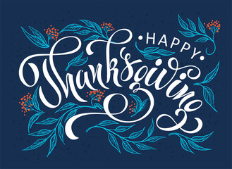 Happy Thanksgiving day. Banner with handwritten lettering and hand-drawn elements. Autumn background. Vector illustration.