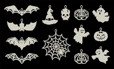 Set of pendants, hanging decorations for Halloween. Silhouettes of pumpkin, bat, skull, magic witch hat, funny ghosts, web with a spider on black background. Vector template for plotter laser cutting. - obrazy, fototapety, plakaty