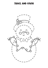 Trace and color cute Christmas snowman. Worksheet for kids.