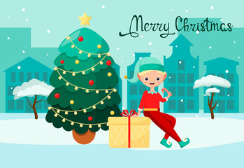 A Christmas card with a cute elf. Night city in winter. Flat design.