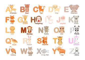 English alphabet with cute animals in cartoon style.