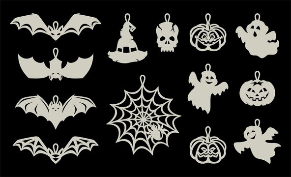 Set of pendants, hanging decorations for Halloween. Silhouettes of pumpkin, bat, skull, magic witch hat, funny ghosts, web with a spider on black background. Vector template for plotter laser cutting.