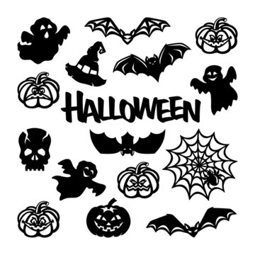 Set of stickers, decals, decorations for Halloween. Black silhouettes of pumpkin, bat, skull, magic witch hat, funny ghosts, holiday lettering, spider web isolated on a white background. Vector image.