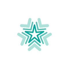 Blue shining star. Flat snowflake sticker icon isolated on white. Vector award illustration.