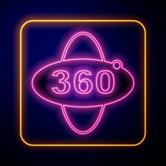 Glowing neon 360 degree view icon isolated on black background. Virtual reality. Angle 360 degree camera. Panorama photo. Vector