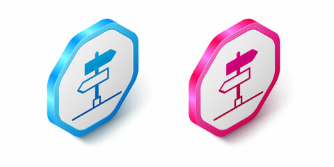 Isometric Road traffic sign. Signpost icon isolated on white background. Pointer symbol. Isolated street information sign. Direction sign. Hexagon button. Vector