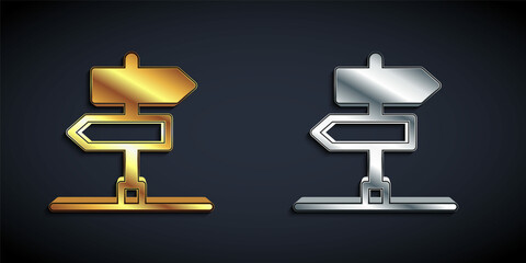 Gold and silver Road traffic sign. Signpost icon isolated on black background. Pointer symbol. Isolated street information sign. Direction sign. Long shadow style. Vector
