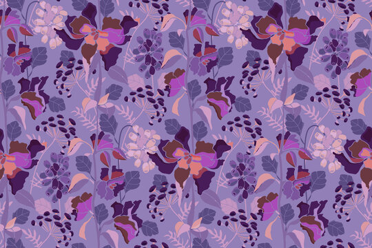 Vector floral seamless pattern. Flowers, herbs and berries on a purple background. For decorative design of any surfaces. Retro style.
